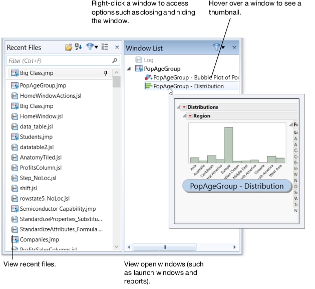 JMP Home Window Actions