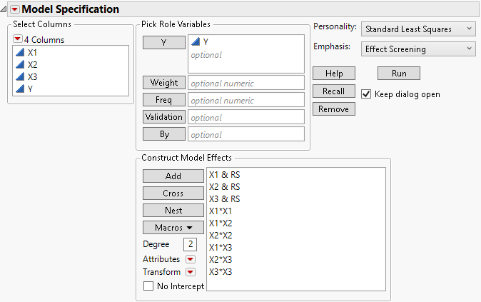 Fit Model Launch Window for the Response Surface Analysis