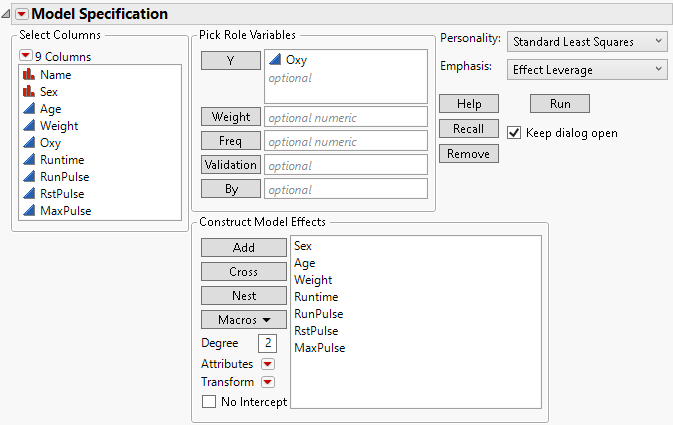 Model Specification Window for Fitness Regression Model