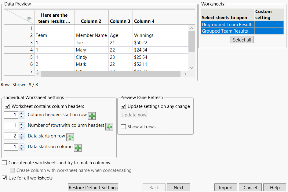 Preview and Import Microsoft Excel Data