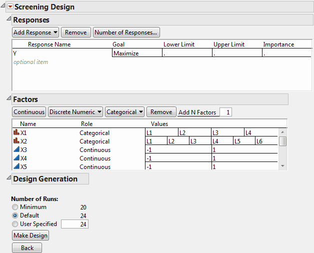 Screening Design Window for 13-Factor Design with Design Generation Panel