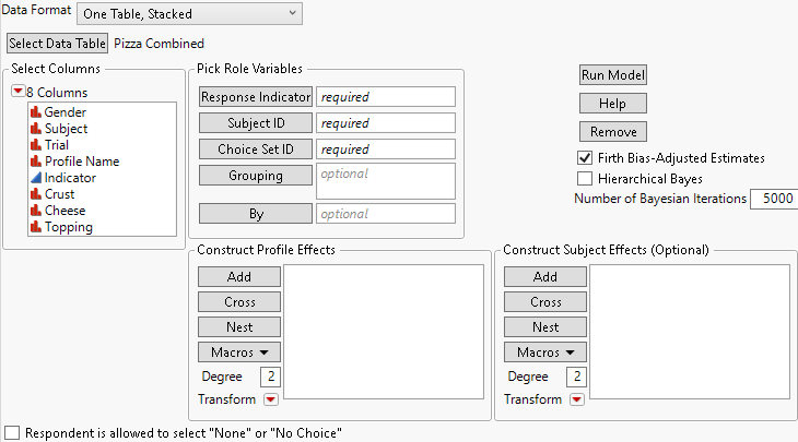 Launch Window for One Table, Stacked Data Format