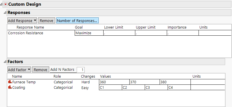 Responses and Factors for Box Corrosion Split-Plot Experiment