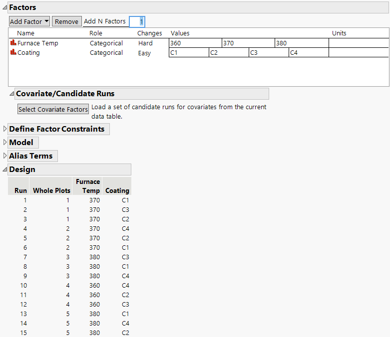 Factors and Design Sections for a Split-Plot Design