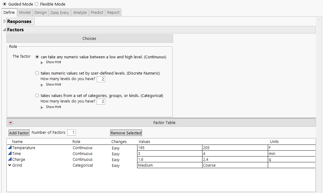 Completed Factor Table on the Easy DOE Define Tab