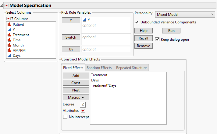 Fit Model Launch Window Showing Fixed Effects Tab