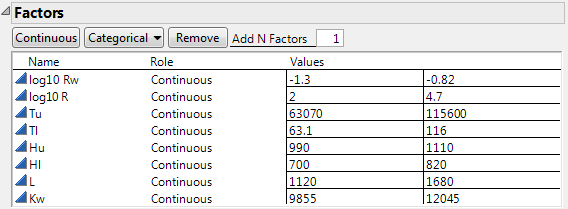 Factors Panel with Factor Values Loaded for Borehole Example