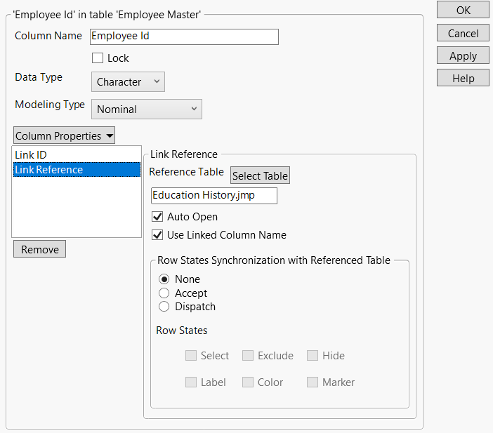 Link ID and Link Reference Column Properties in Employee Master.jmp