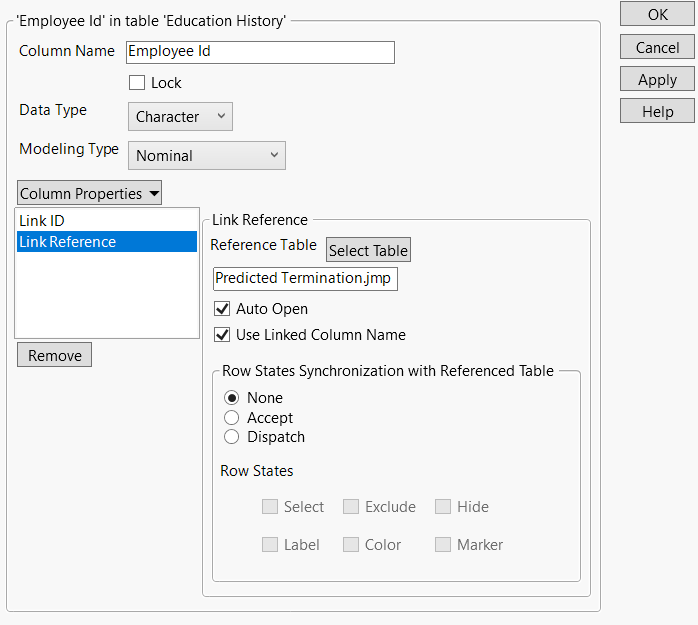 Link ID and Link Reference Column Properties in Education History.jmp