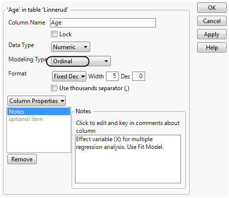 Column Info Window