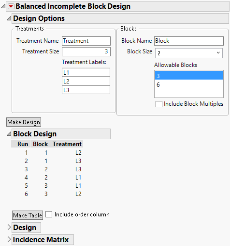 BIBD for 3 Treatments in 3 Blocks of Size 2