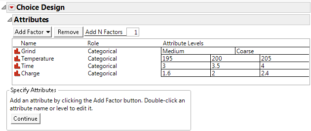 Choice Design Window with Attributes Defined