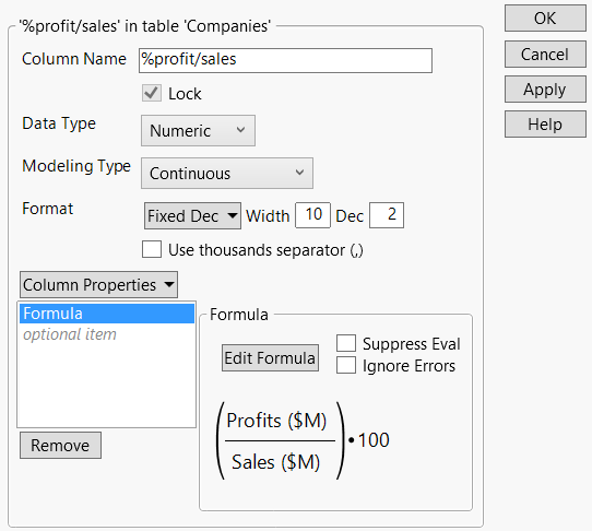 Column Info Window