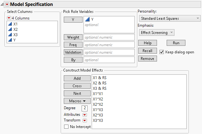 Fit Model Launch Window for the Response Surface Analysis