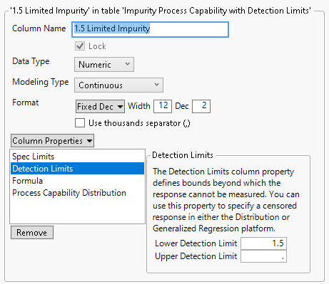 Column Information Window for 1.5 Limited Impurity Column