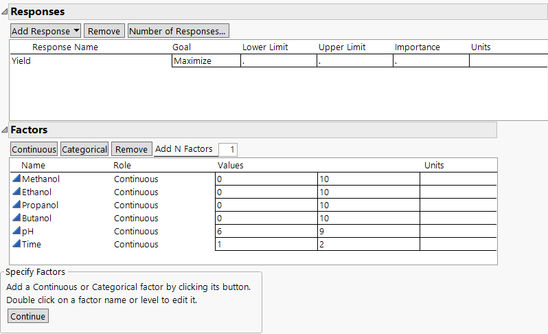 Responses and Factors for Extraction Design