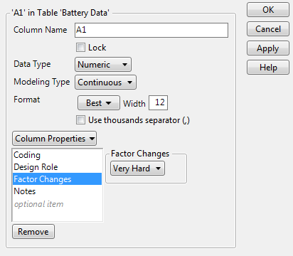 Factor Changes Column Property Panel