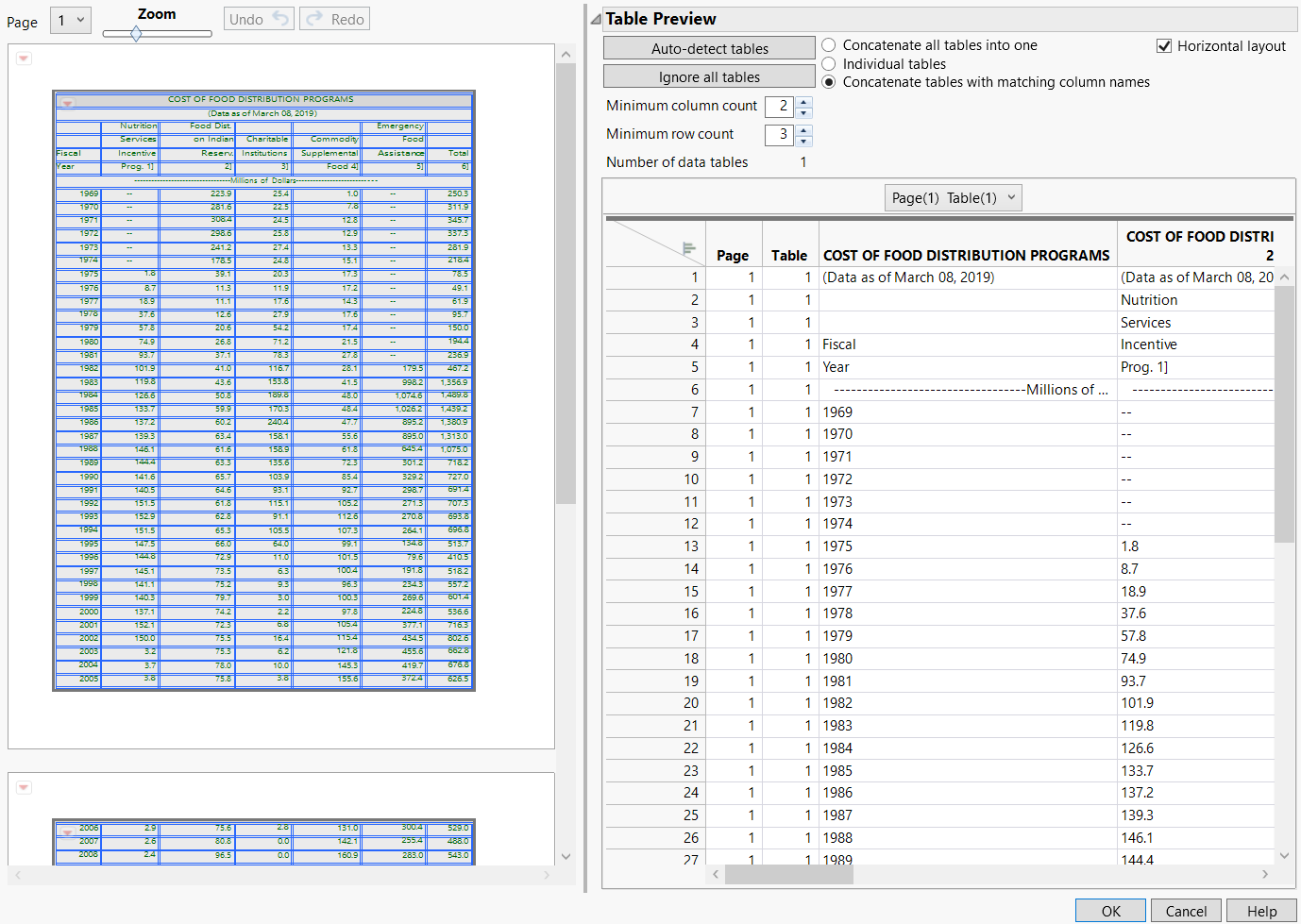 Initial PDF File and Data Table Preview