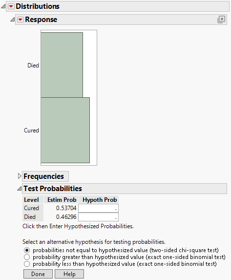 Test Probabilities Report Options for a Variable with Exactly Two Levels