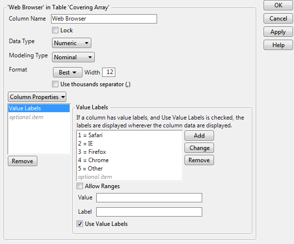 Column Info Window for Factor A