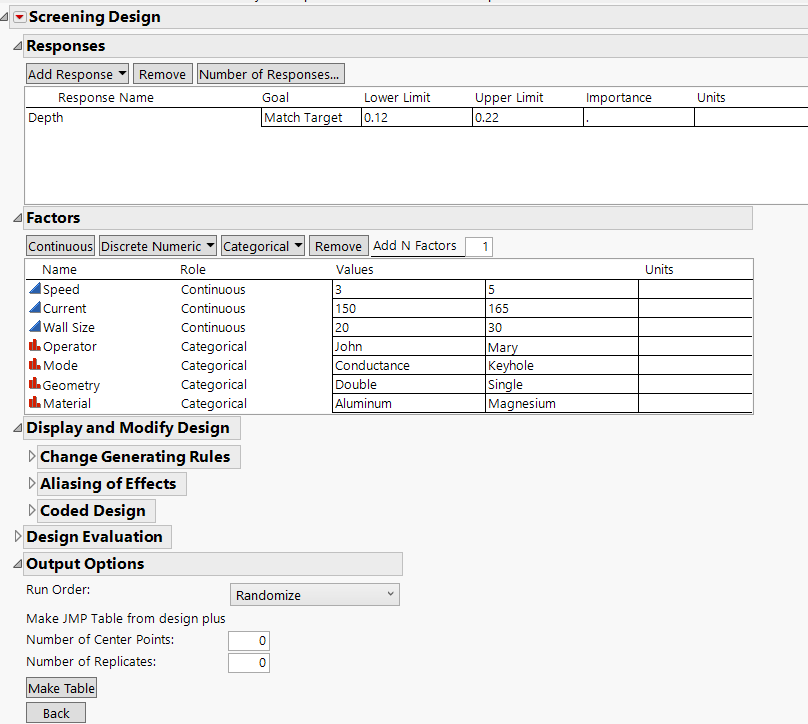 Completed Screening Design Window