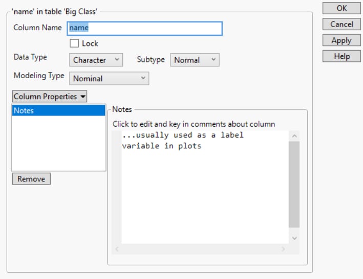 The Column Info Window for a Character Column