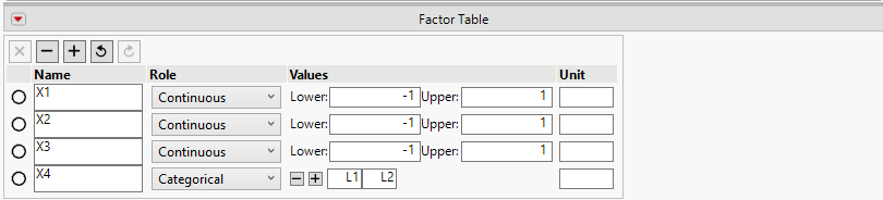 Initial Factor Table on the Easy DOE Define Tab