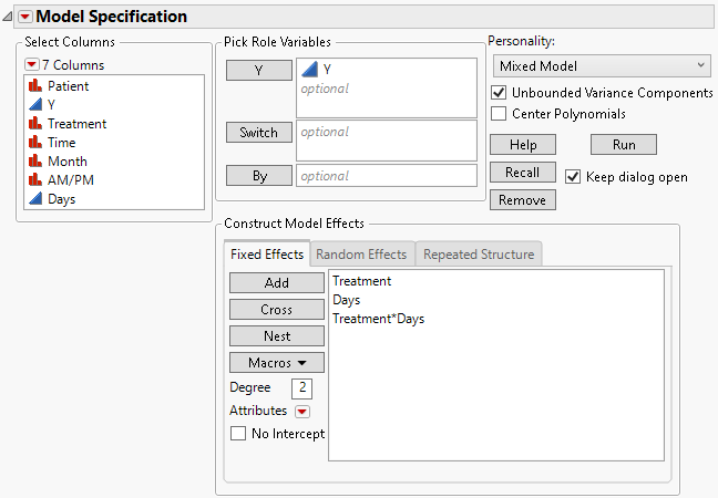 Fit Model Launch Window Showing Fixed Effects Tab