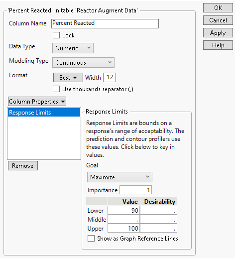 Response Limits Column Property for the Percent Reacted Column