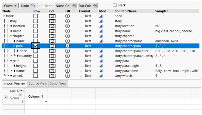 Row Element Selected in the Row Column