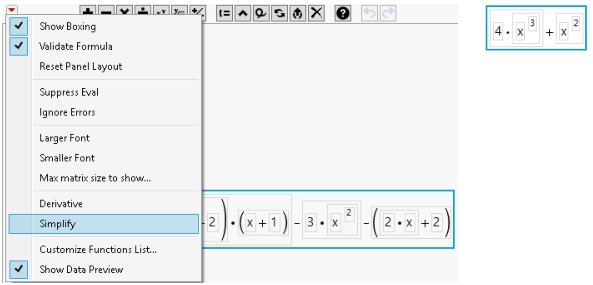 Selecting Simplify (Left) Produces a Simplified Formula (Right)