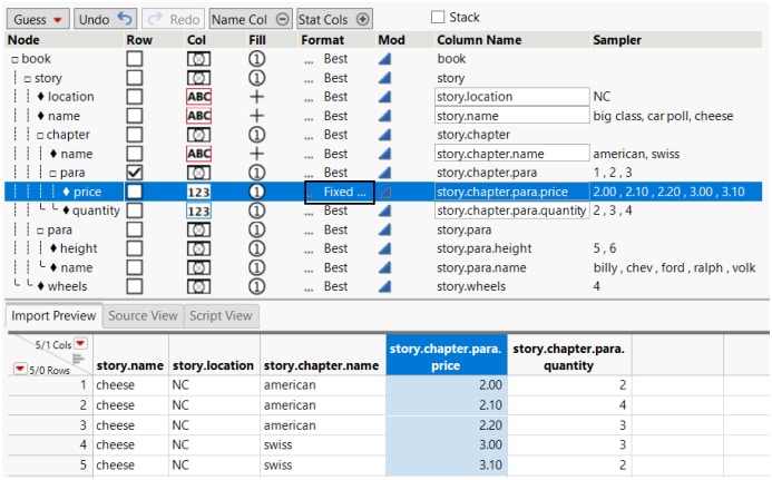 Format Type Selected in the Format Column