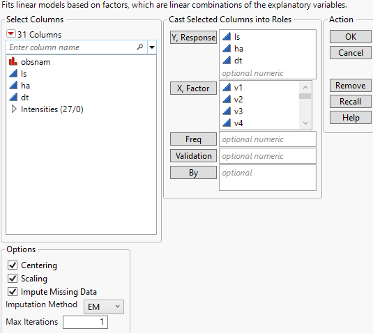 JMP Pro Partial Least Squares Launch Window (Imputation Method EM Selected)