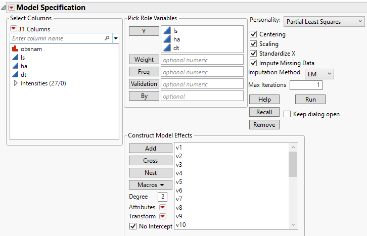 JMP Pro Fit Model Partial Least Squares Launch Window