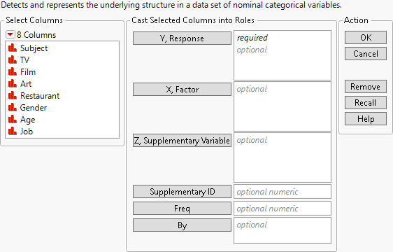 Multiple Correspondence Analysis Launch Window