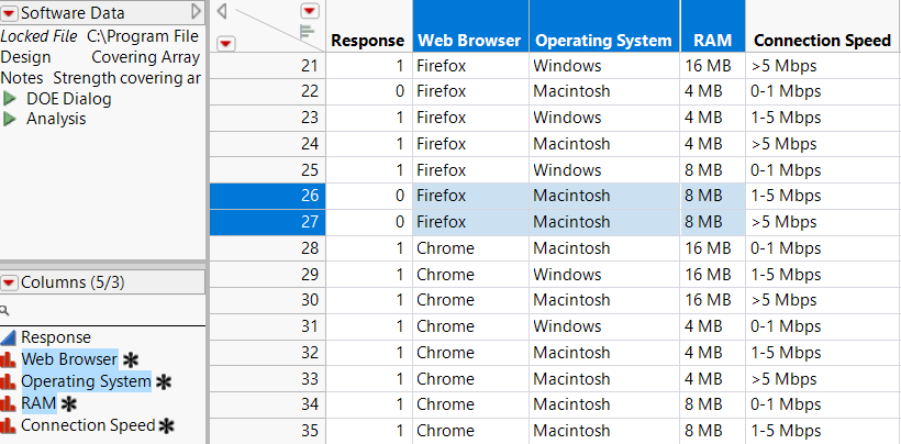 Corresponding Selection of Rows and Columns in the Data Table