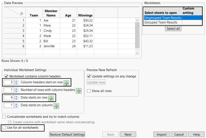 Selecting the Column Header Row