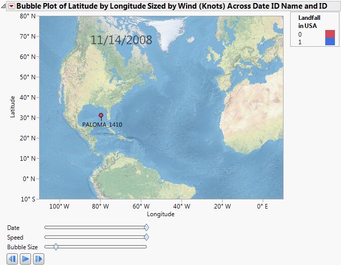 Bubble Plot of Hurricanes.jmp with Background Map