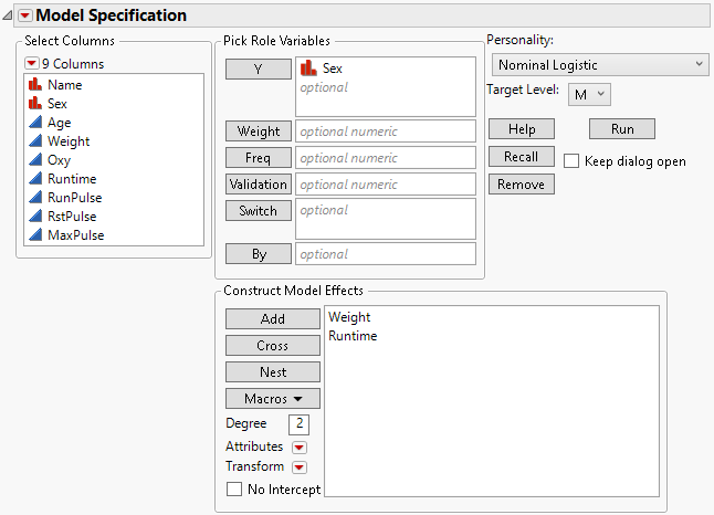 Model Specification Window for Reduced Model