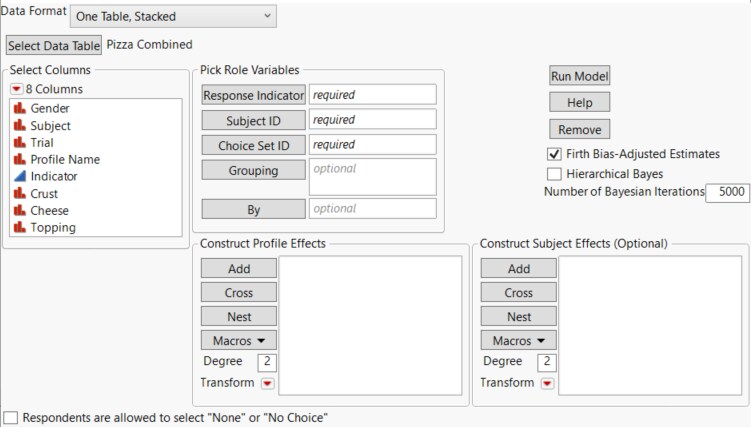 Launch Window for One Table, Stacked Data Format