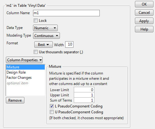 Mixture Column Property Panel