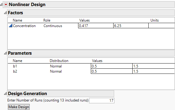 Nonlinear Design Sections for Factors and Parameters