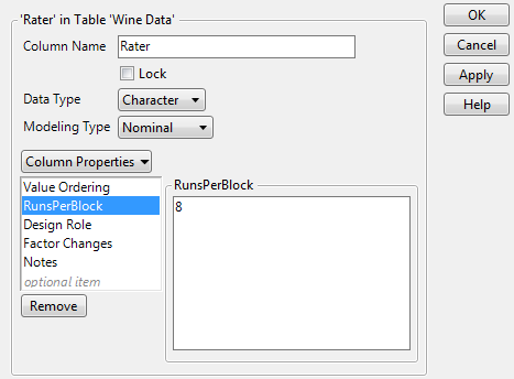 RunsPerBlock Column Property Panel for Rater