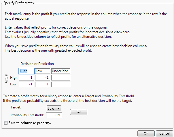 Specify Profit Matrix Window