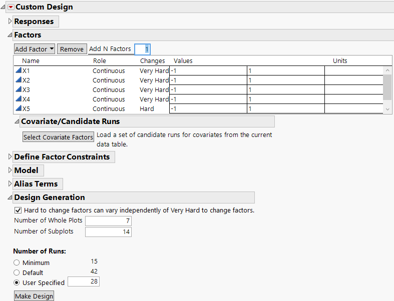 Factors and Design Generation Sections for a Two-Way Split Plot Design