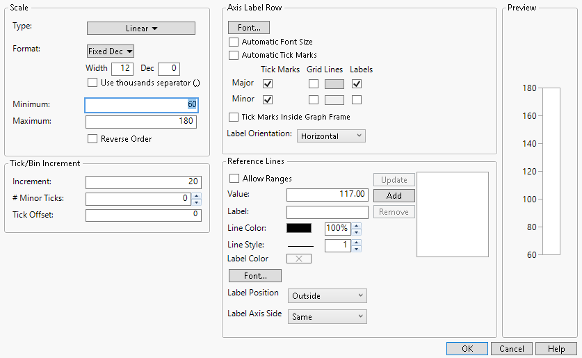 Axis Settings Window for a Numeric (Continuous) Axis