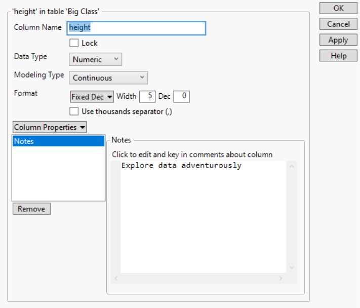 The Column Info Window