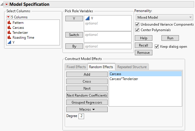 Fit Model Launch Window Showing Completed Random Effects Tab