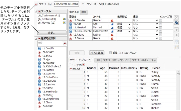 選択されている列