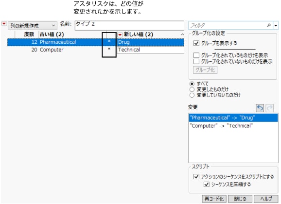 「再コード化」ウィンドウ